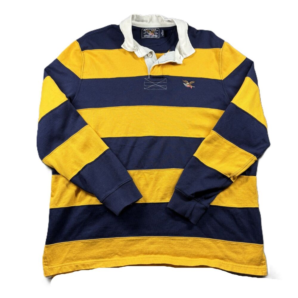 American Living Men Rugby Shirt Vintage Y2K Big Stripes Preppy Gold Navy XL P178